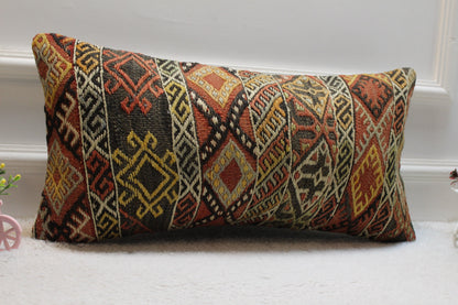 Handmade Wool Lumbar Pillow Cover: Turkish Kilim Rug, 12x24 inch