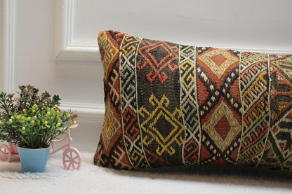 Handmade Wool Lumbar Pillow Cover: Turkish Kilim Rug, 12x24 inch