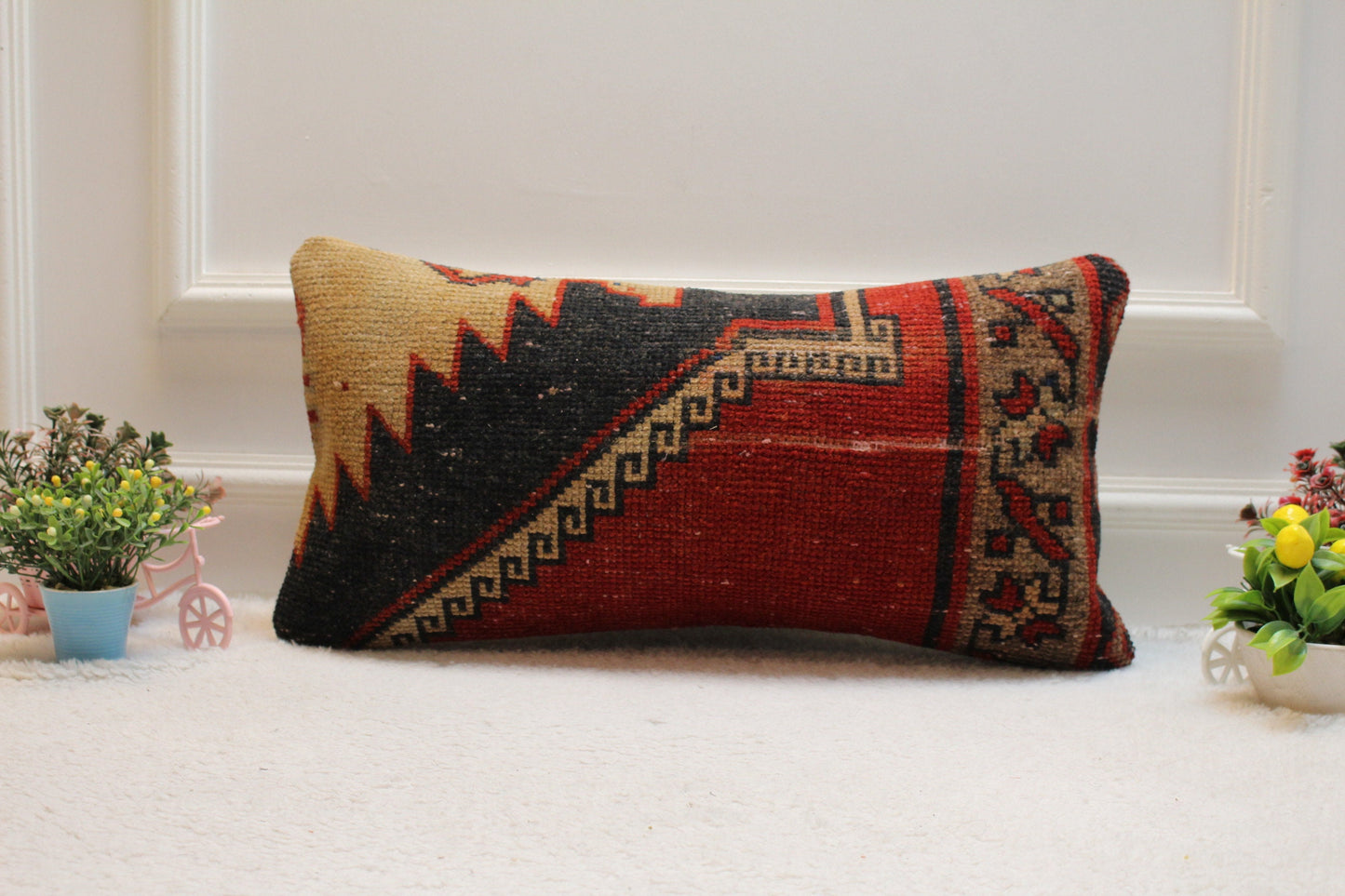Geometric Turkish Rug Pillow Cover: Red Wool Lumbar Pillow (12x24 inc)