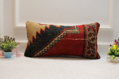 Geometric Turkish Rug Pillow Cover: Red Wool Lumbar Pillow (12x24 inc)