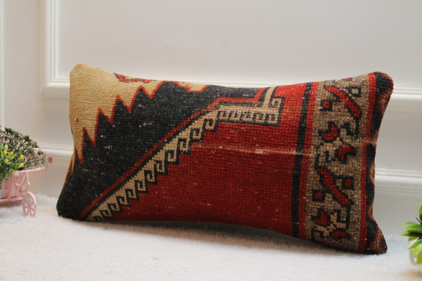 Geometric Turkish Rug Pillow Cover: Red Wool Lumbar Pillow (12x24 inc)