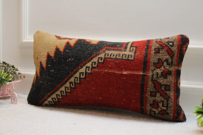 Geometric Turkish Rug Pillow Cover: Red Wool Lumbar Pillow (12x24 inc)