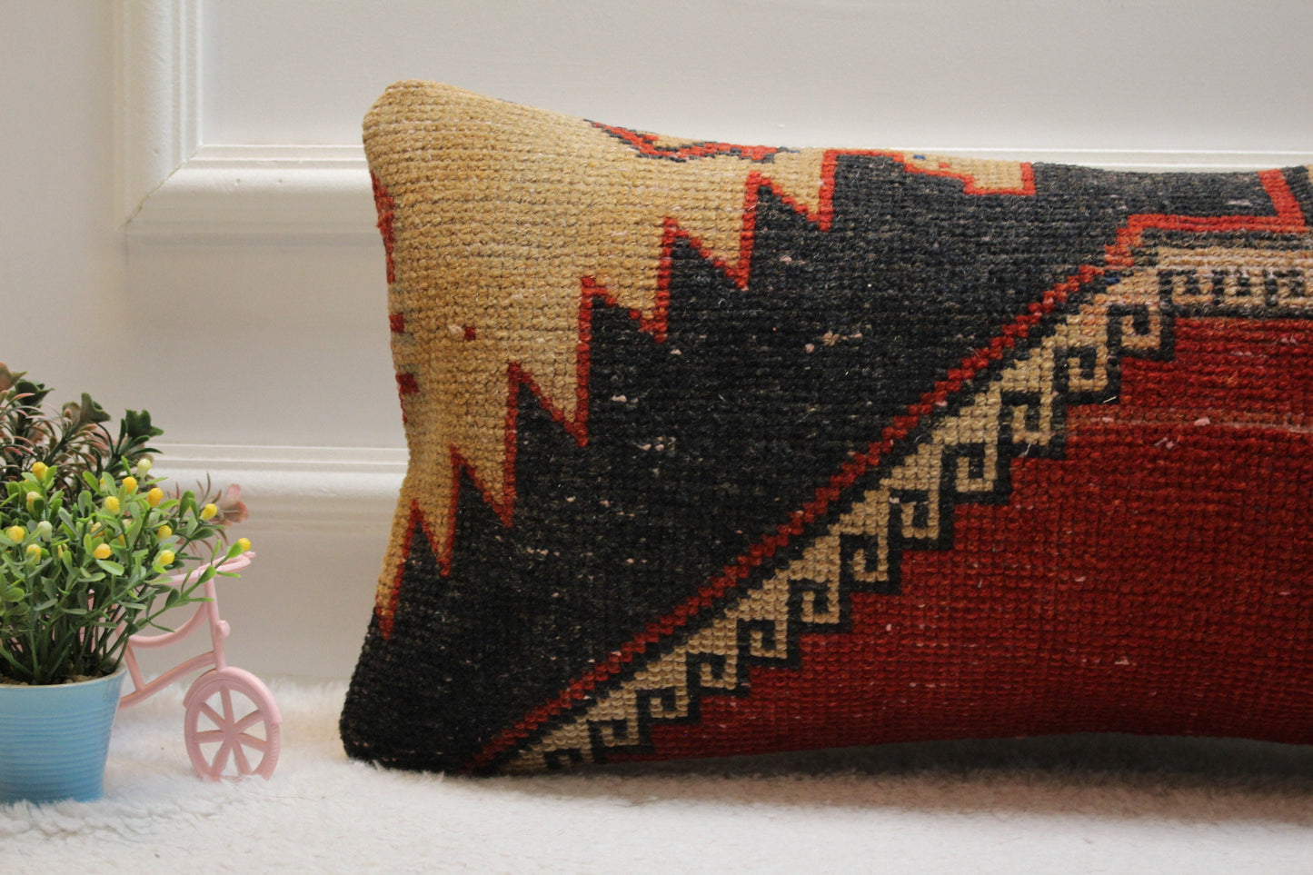 Geometric Turkish Rug Pillow Cover: Red Wool Lumbar Pillow (12x24 inc)