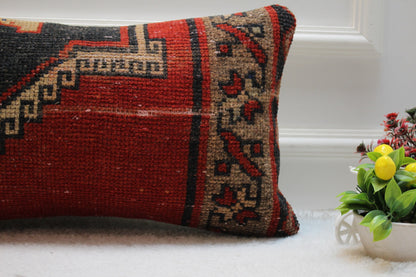 Geometric Turkish Rug Pillow Cover: Red Wool Lumbar Pillow (12x24 inc)