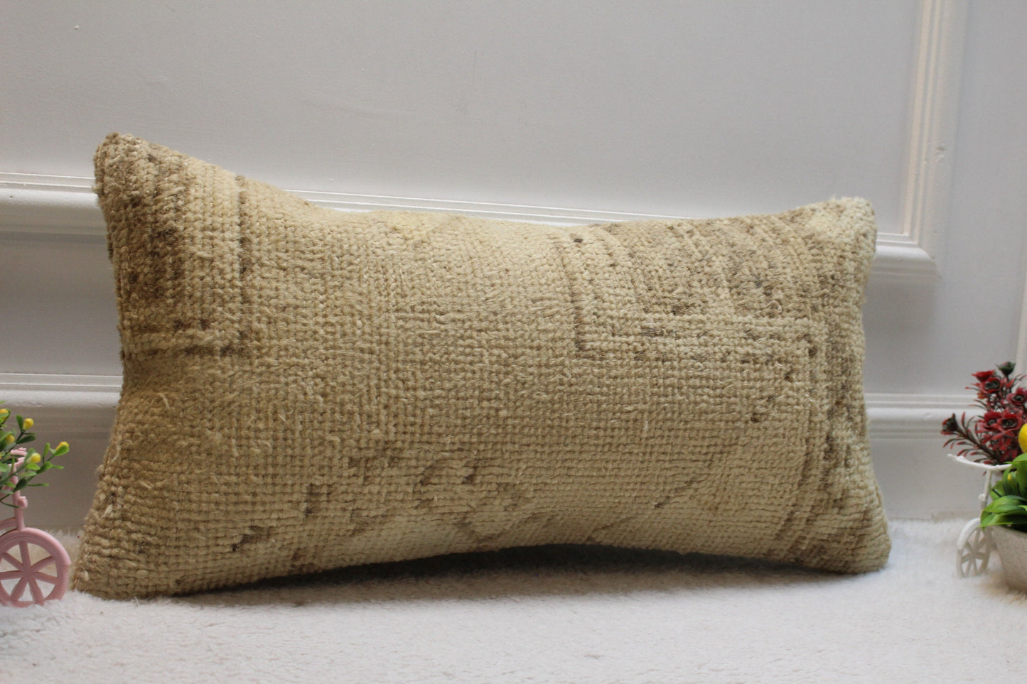 Handmade Beige Brown Rug Pillow: Upcycled Woven Lumbar Cover (12x24 in)