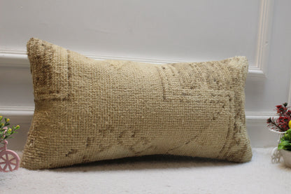 Handmade Beige Brown Rug Pillow: Upcycled Woven Lumbar Cover (12x24 in)