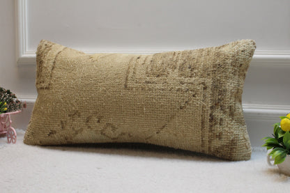 Handmade Beige Brown Rug Pillow: Upcycled Woven Lumbar Cover (12x24 in)