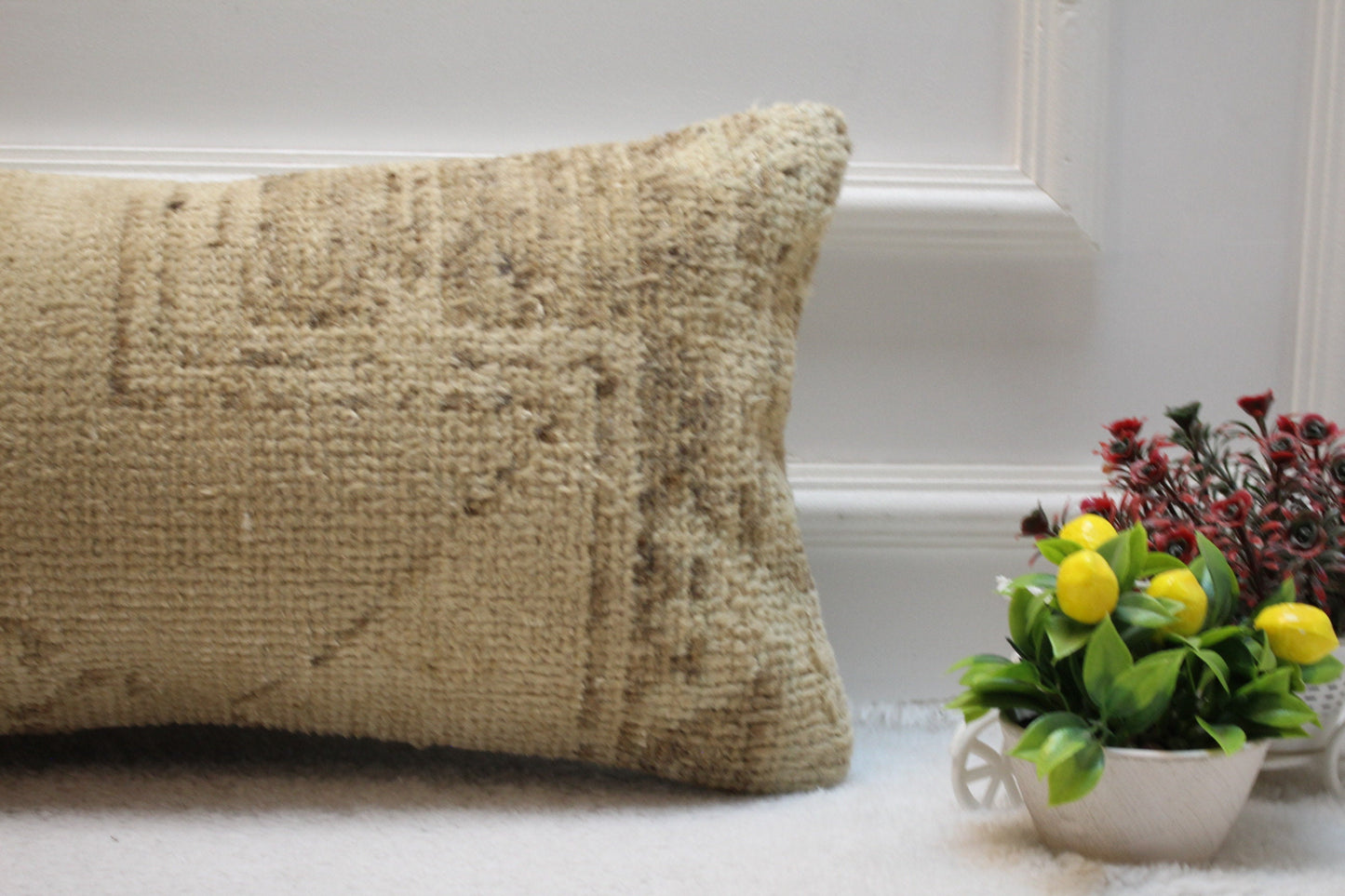Handmade Beige Brown Rug Pillow: Upcycled Woven Lumbar Cover (12x24 in)