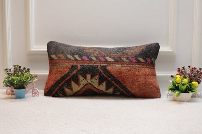 Handmade Wool Lumbar Pillow Cover: Vintage Anatolian Rug, 12x24 inc