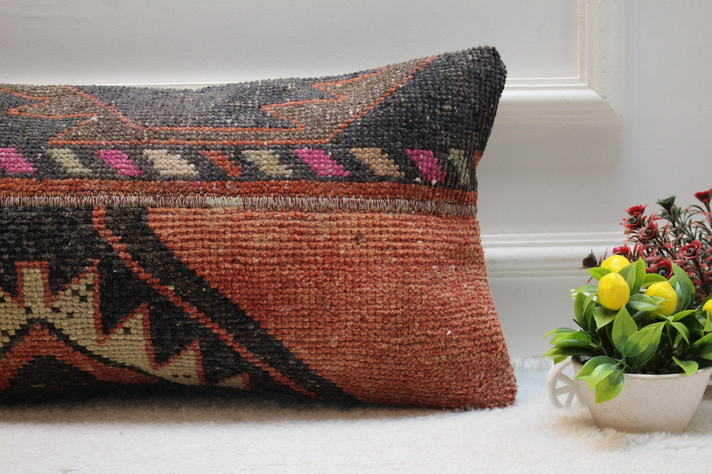 Handmade Wool Lumbar Pillow Cover: Vintage Anatolian Rug, 12x24 inc