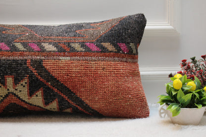 Handmade Wool Lumbar Pillow Cover: Vintage Anatolian Rug, 12x24 inc