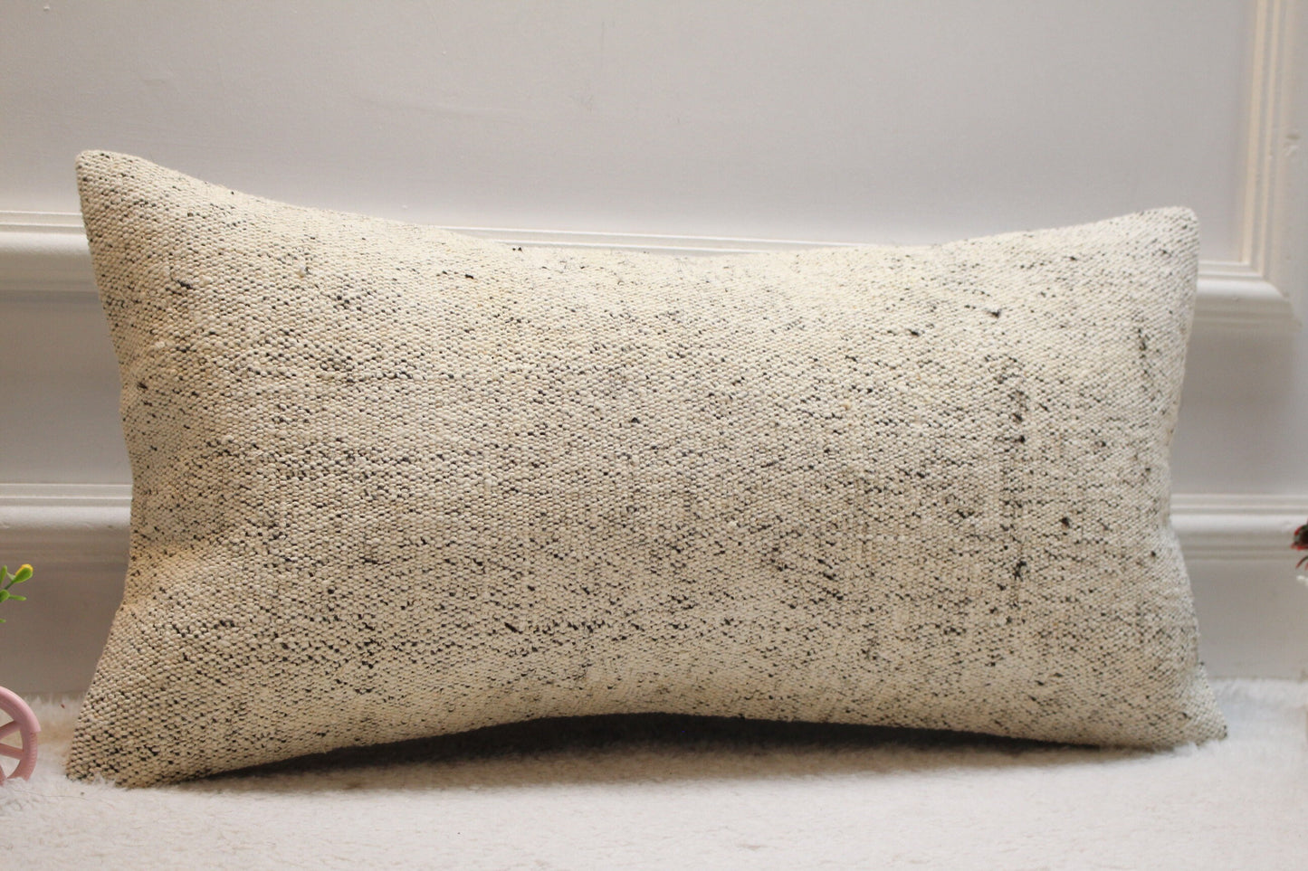 Beige Vintage Turkish Kilim Lumbar Pillow Cover: 12x24 Organic Wool
