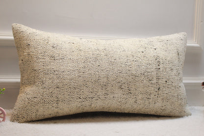 Beige Vintage Turkish Kilim Lumbar Pillow Cover: 12x24 Organic Wool