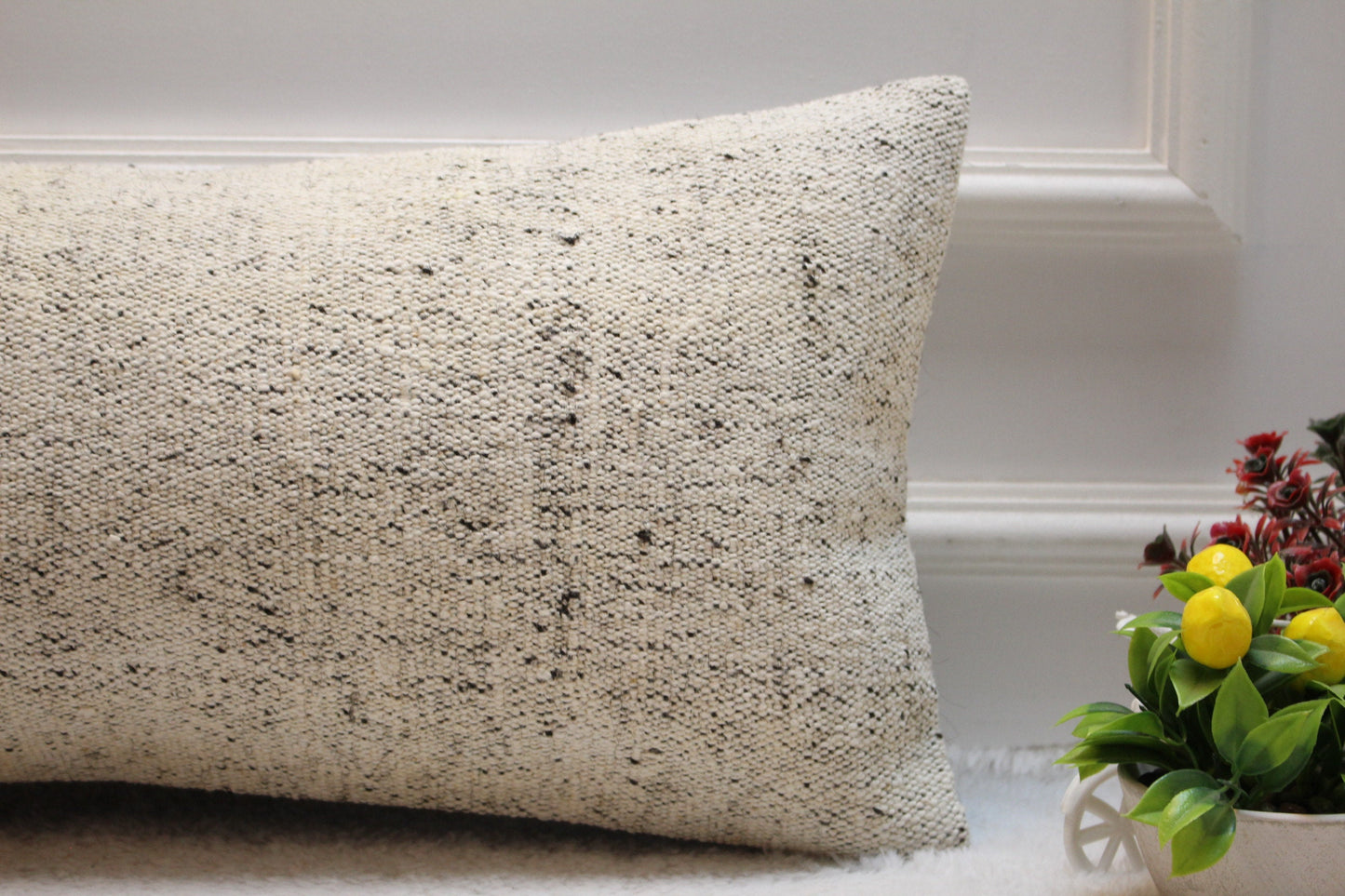 Beige Vintage Turkish Kilim Lumbar Pillow Cover: 12x24 Organic Wool