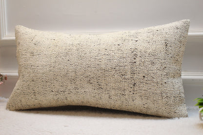 Beige Vintage Turkish Kilim Lumbar Pillow Cover: 12x24 Organic Wool
