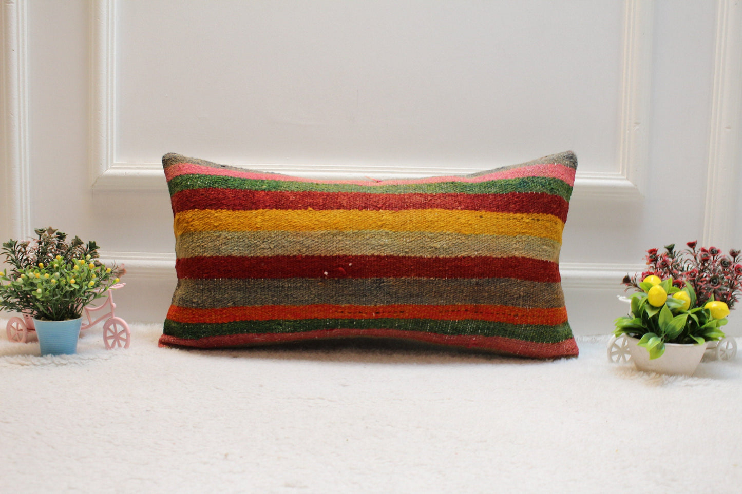 Striped Kilim Lumbar Pillow Cover: Vintage Woven Wool (12x24 in)
