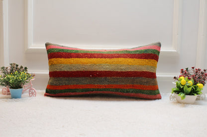 Striped Kilim Lumbar Pillow Cover: Vintage Woven Wool (12x24 in)