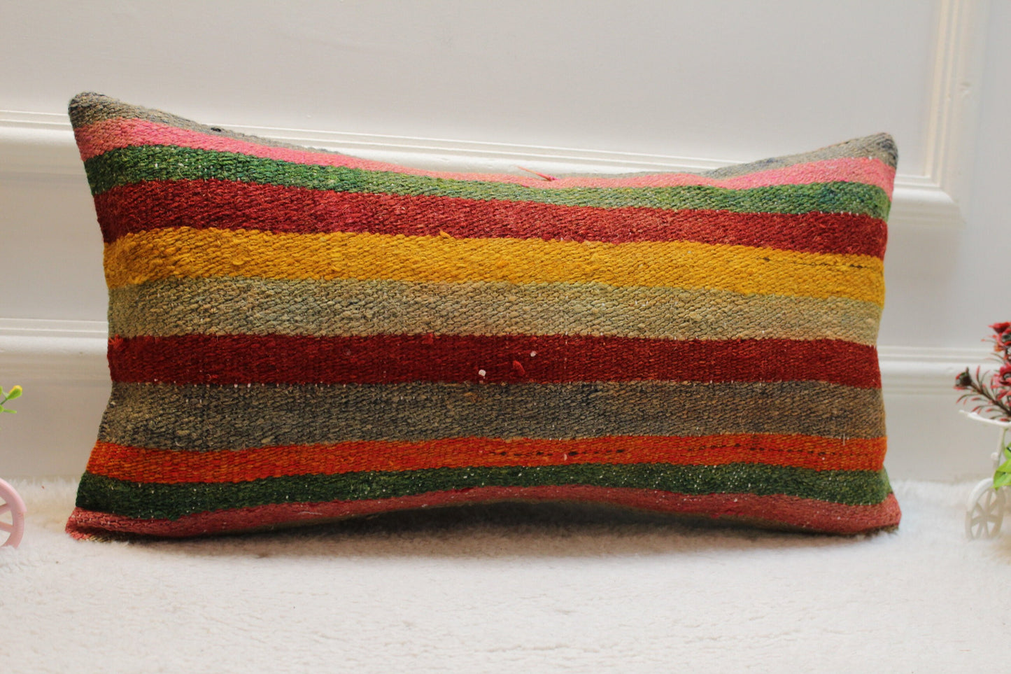 Striped Kilim Lumbar Pillow Cover: Vintage Woven Wool (12x24 in)