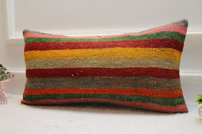 Striped Kilim Lumbar Pillow Cover: Vintage Woven Wool (12x24 in)