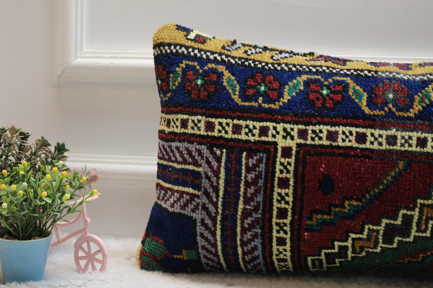 Handmade Turkish Rug Lumbar Pillow Cover: Upcycled Kilim Design (12x24 inc)