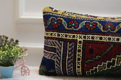Handmade Turkish Rug Lumbar Pillow Cover: Upcycled Kilim Design (12x24 inc)