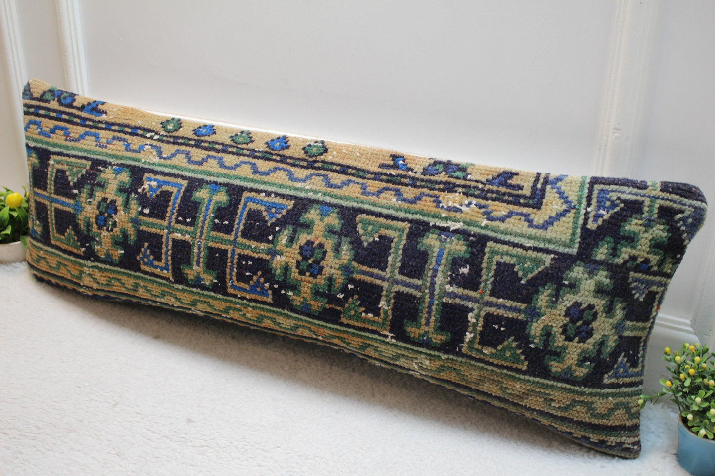 Geometric Kilim Lumbar Pillow Cover: Upcycled Woven Rug, 12x36 inch