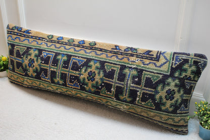 Geometric Kilim Lumbar Pillow Cover: Upcycled Woven Rug, 12x36 inch