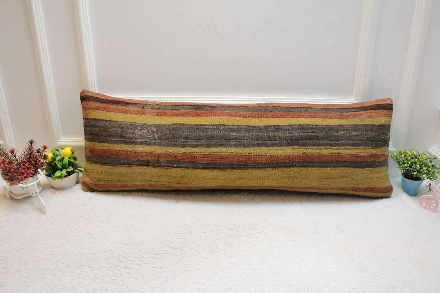 Handmade Long Lumbar Kilim Pillow: Striped Boho Decor (12x36 inc)