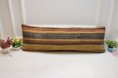 Handmade Long Lumbar Kilim Pillow: Striped Boho Decor (12x36 inc)