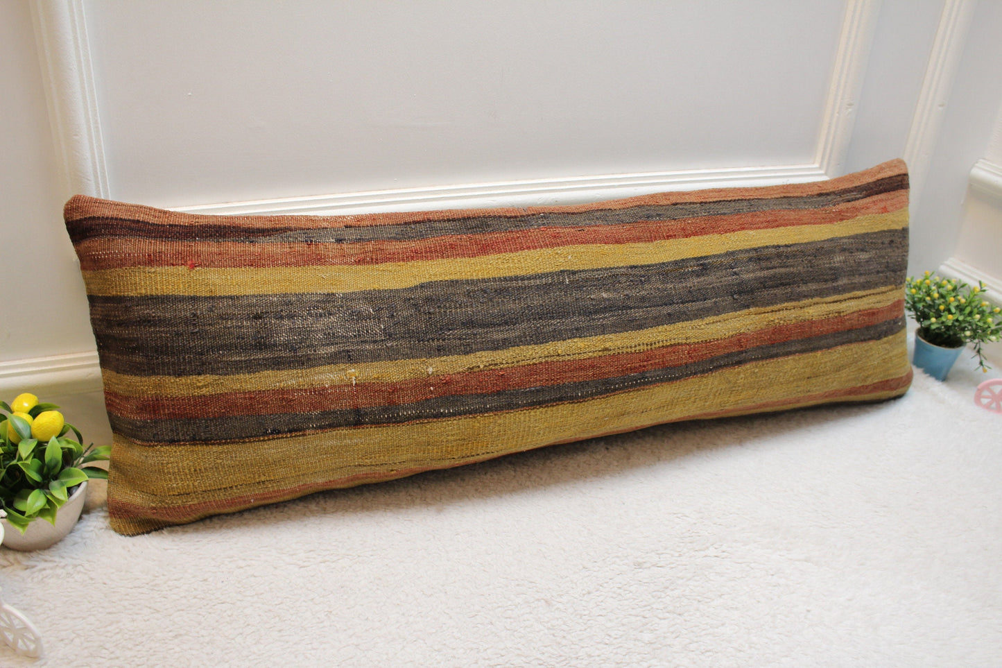 Handmade Long Lumbar Kilim Pillow: Striped Boho Decor (12x36 inc)