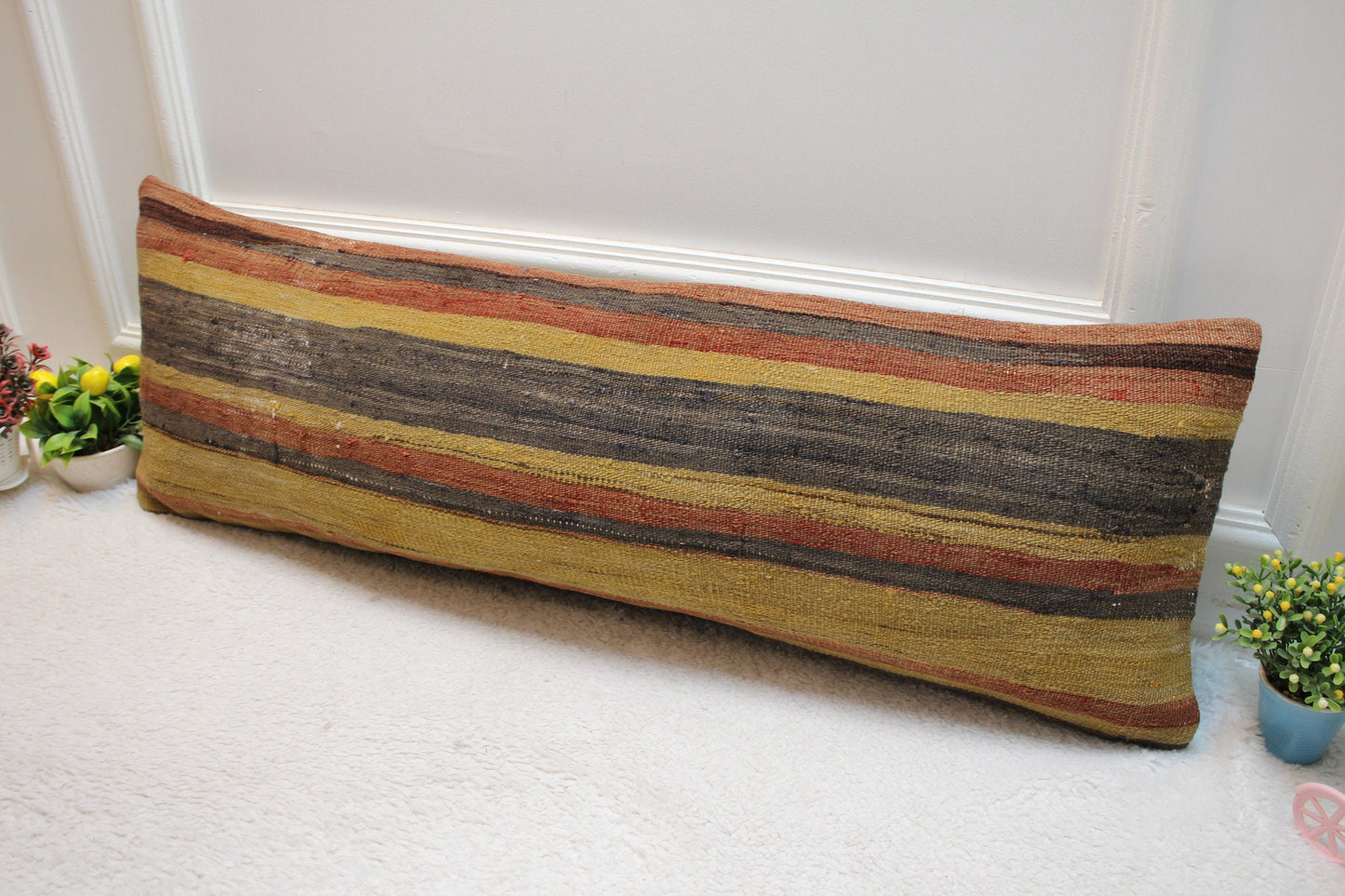 Handmade Long Lumbar Kilim Pillow: Striped Boho Decor (12x36 inc)