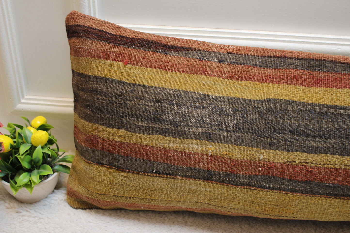 Handmade Long Lumbar Kilim Pillow: Striped Boho Decor (12x36 inc)