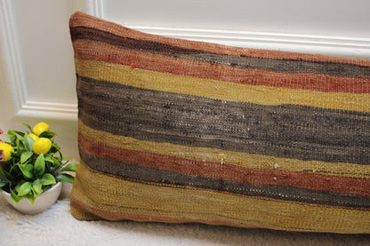 Handmade Long Lumbar Kilim Pillow: Striped Boho Decor (12x36 inc)