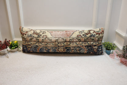 Vintage Turkish Rug Pillow Cover: Beige & Blue Lumbar, 12x36 inch