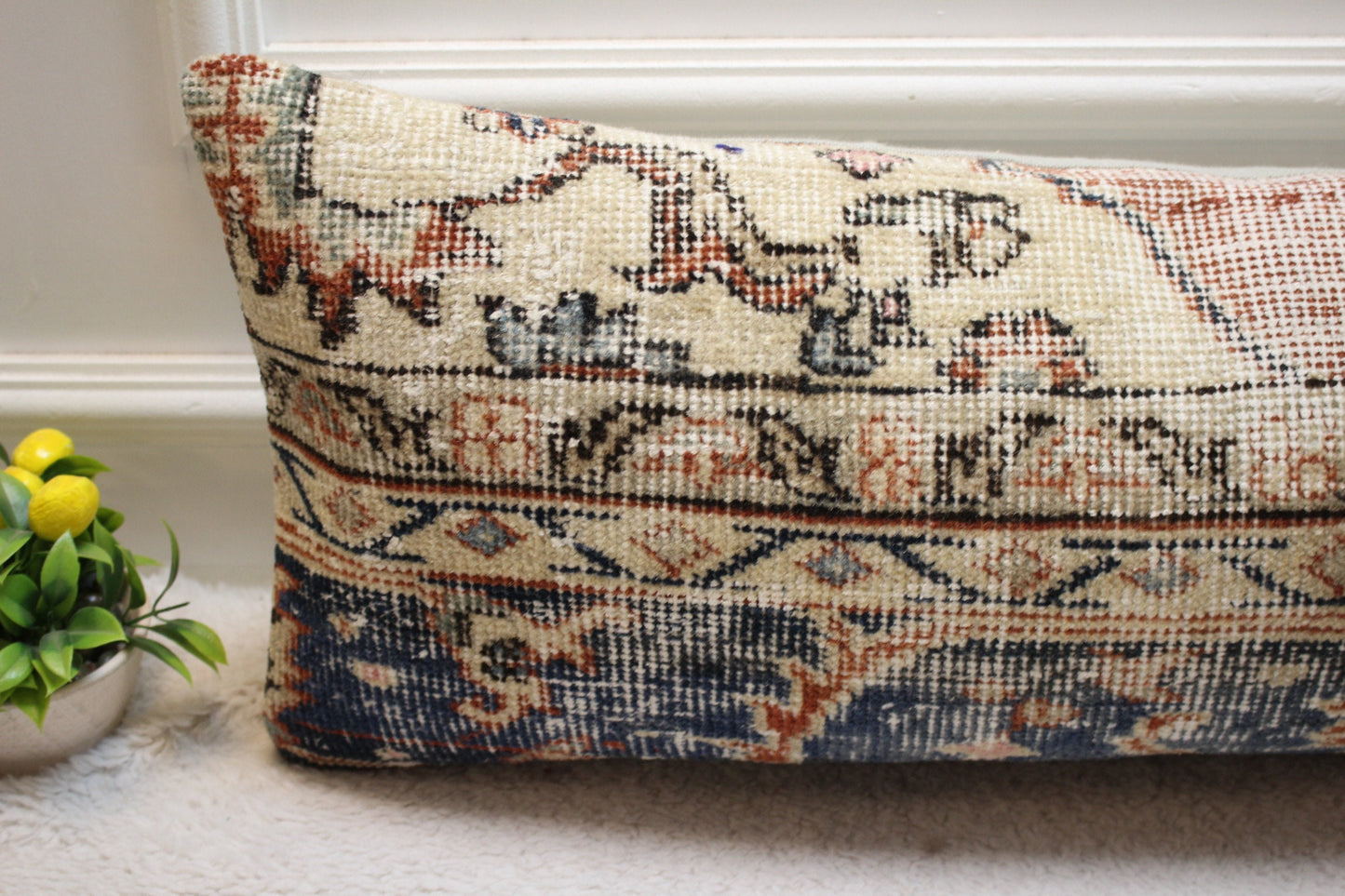 Vintage Turkish Rug Pillow Cover: Beige & Blue Lumbar, 12x36 inch