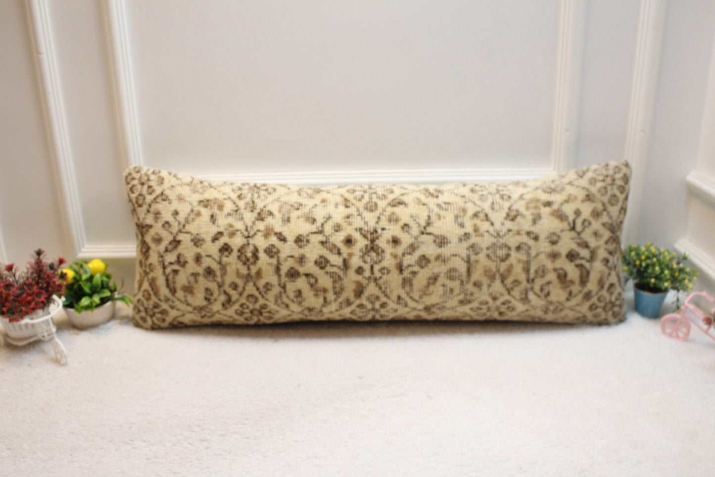 Floral Turkish Rug Lumbar Pillow Cover: Beige Boho Pillow Case (12x36 in)