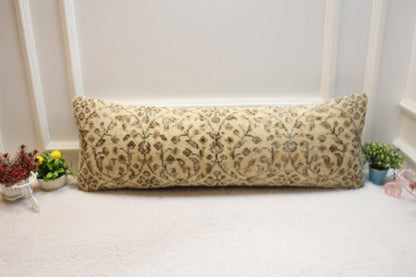 Floral Turkish Rug Lumbar Pillow Cover: Beige Boho Pillow Case (12x36 in)