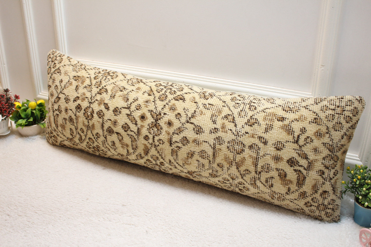 Floral Turkish Rug Lumbar Pillow Cover: Beige Boho Pillow Case (12x36 in)