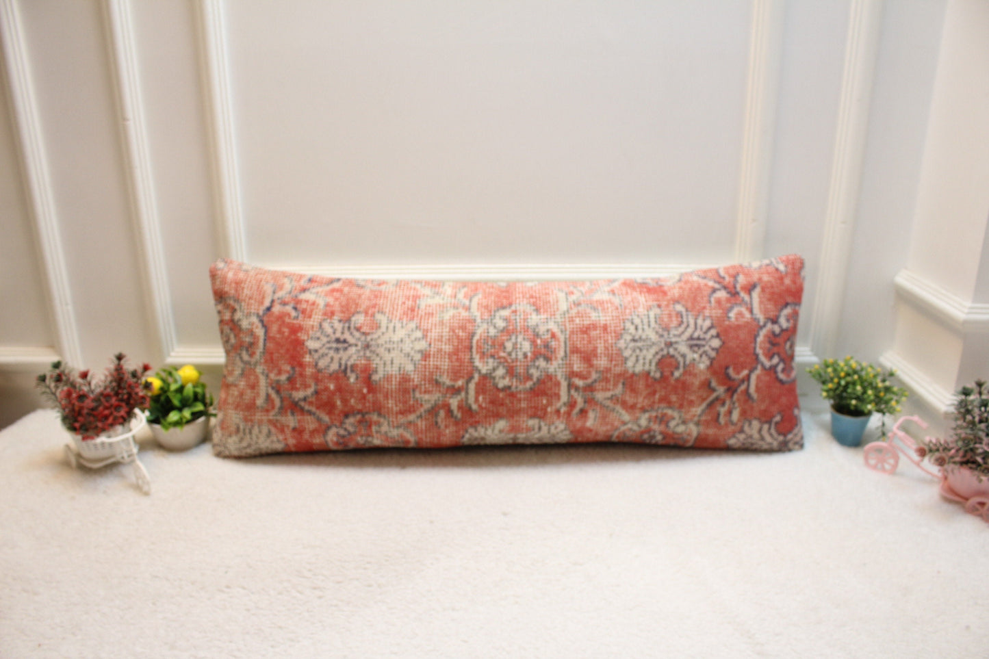 Floral Kilim Lumbar Pillow Cover: Red Wool Rug Pillow, 12x36
