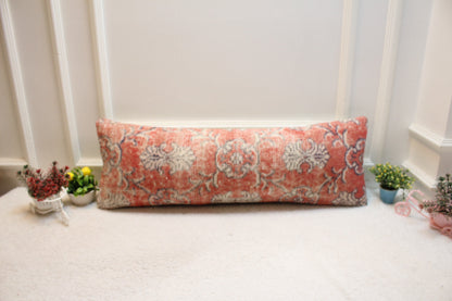 Floral Kilim Lumbar Pillow Cover: Red Wool Rug Pillow, 12x36