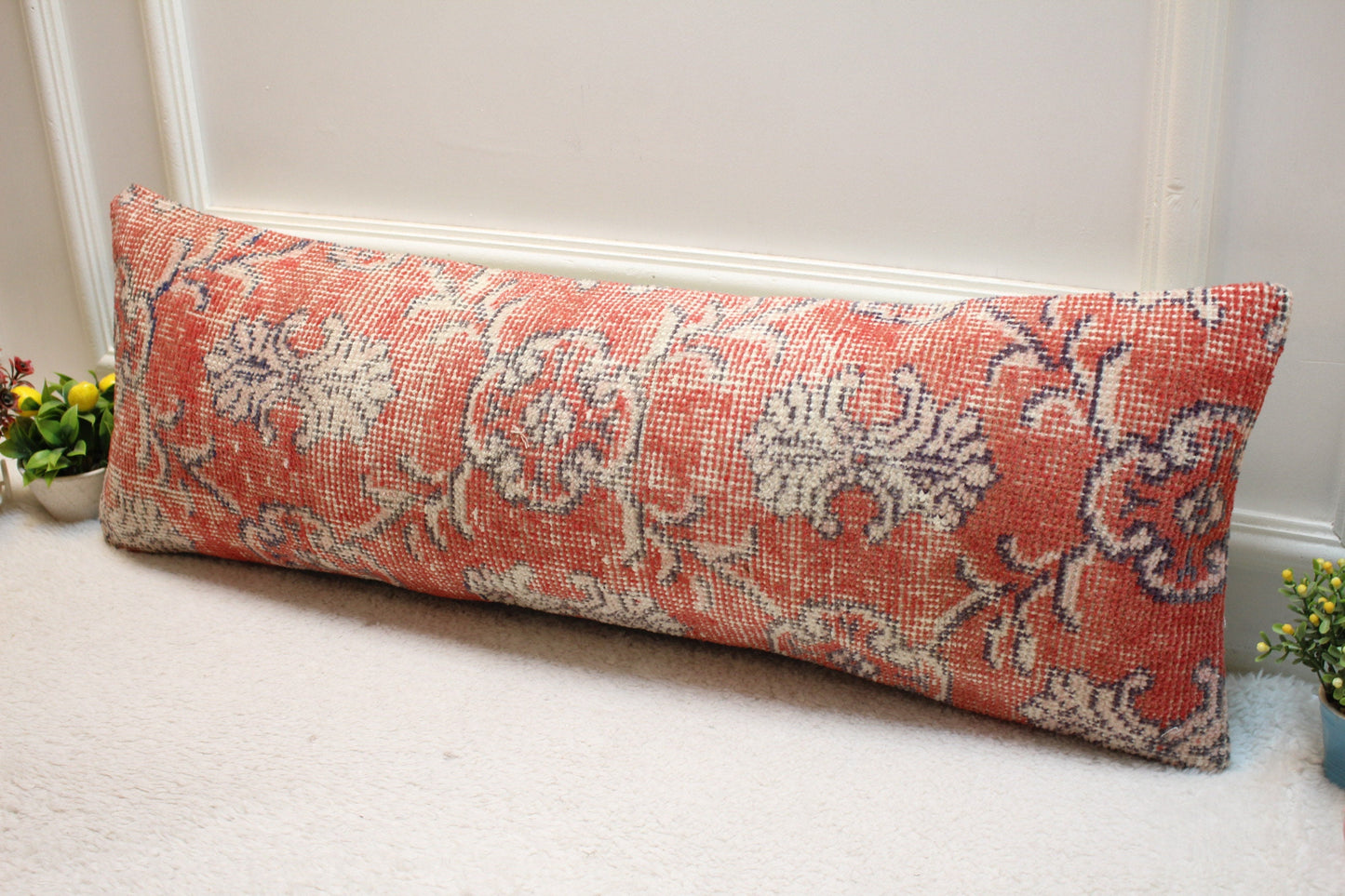 Floral Kilim Lumbar Pillow Cover: Red Wool Rug Pillow, 12x36
