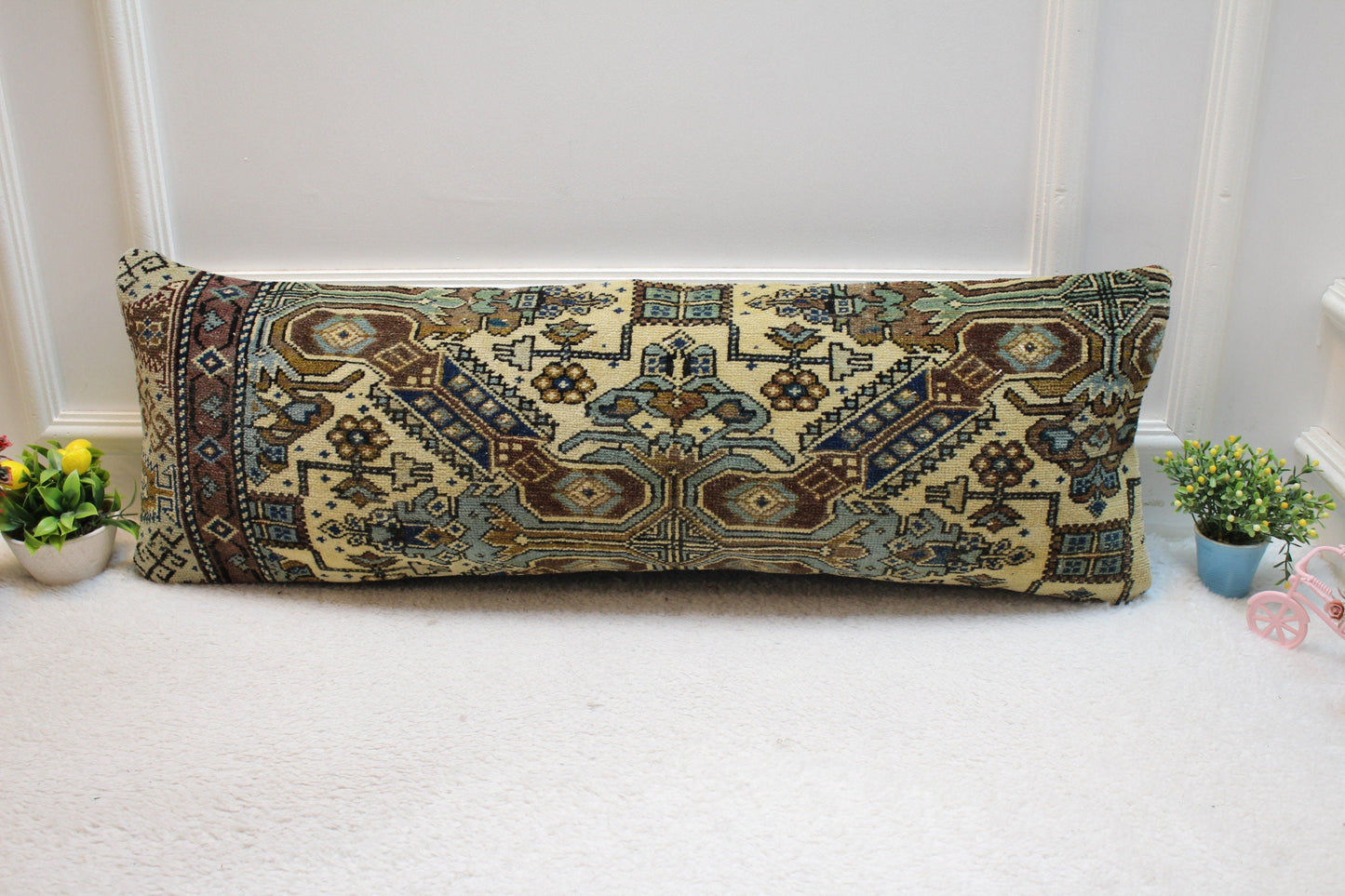 Handmade Lumbar Kilim Pillow Cover: Ethnic Boho Rug Pillow (12x36 in)