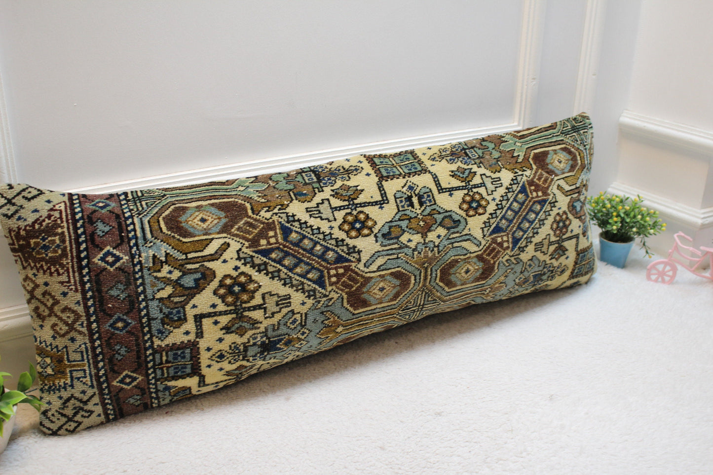 Handmade Lumbar Kilim Pillow Cover: Ethnic Boho Rug Pillow (12x36 in)