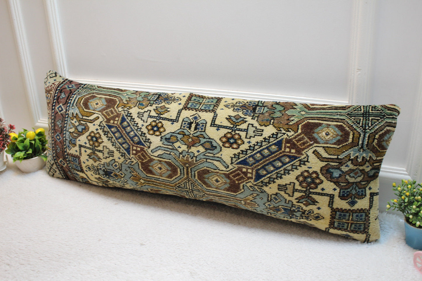 Handmade Lumbar Kilim Pillow Cover: Ethnic Boho Rug Pillow (12x36 in)