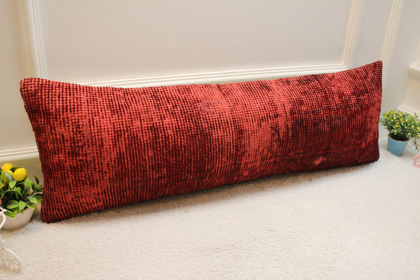 Handmade Red Kilim Pillow Cover: Vintage Rug Pillow, 12x36 inch