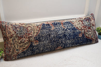 Vintage Turkish Rug Lumbar Pillow Cover: Blue Beige Red, 12x36 inch