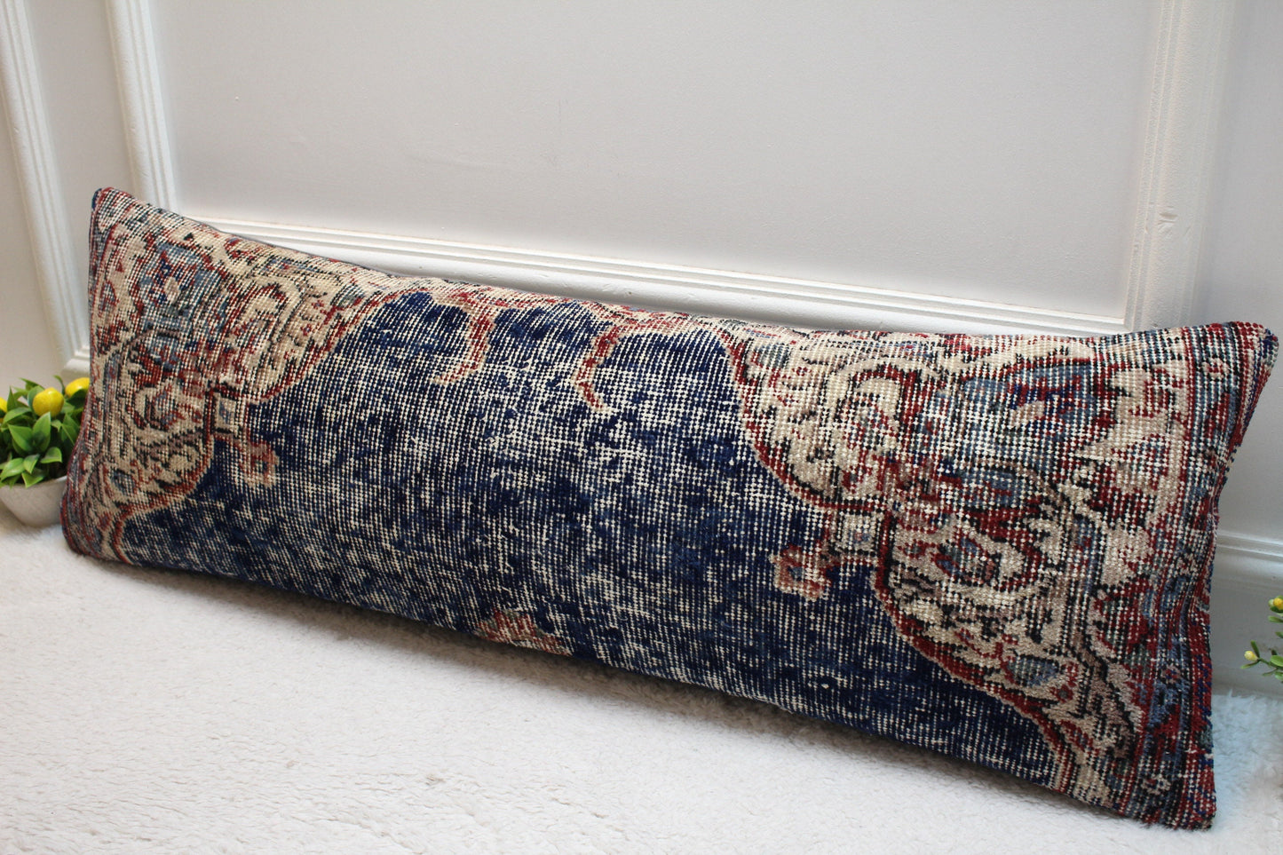 Vintage Turkish Rug Lumbar Pillow Cover: Blue Beige Red, 12x36 inch