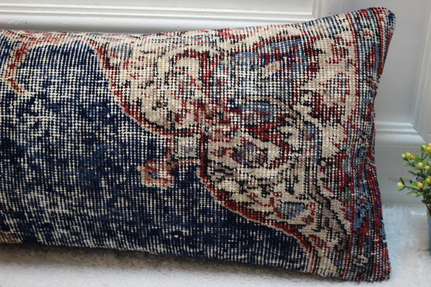 Vintage Turkish Rug Lumbar Pillow Cover: Blue Beige Red, 12x36 inch