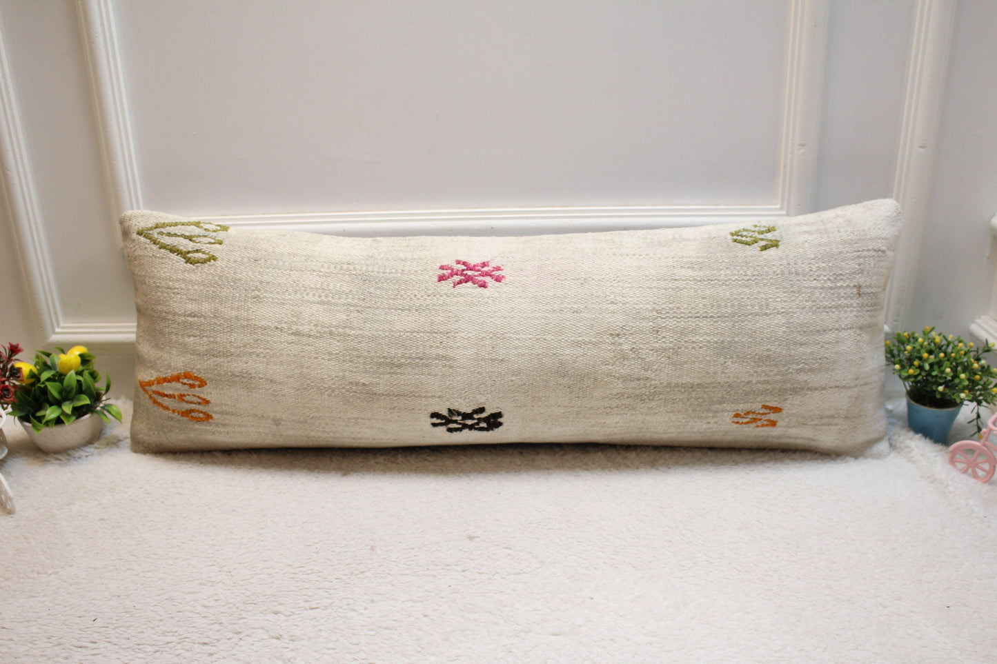 Handmade Wool Kilim Lumbar Pillow Cover: White Bedroom Decor (12x36 in)