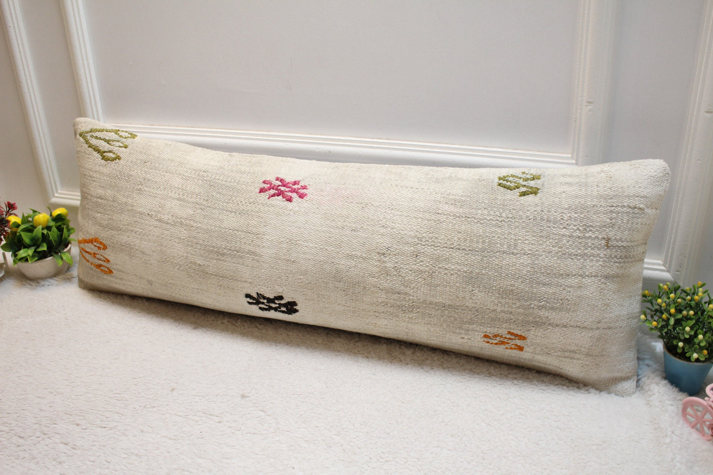 Handmade Wool Kilim Lumbar Pillow Cover: White Bedroom Decor (12x36 in)
